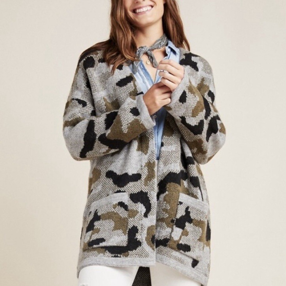 Anthropologie Vera Camo Cardigan, Green, Gray and Black Cardigan Sweater sz 1X